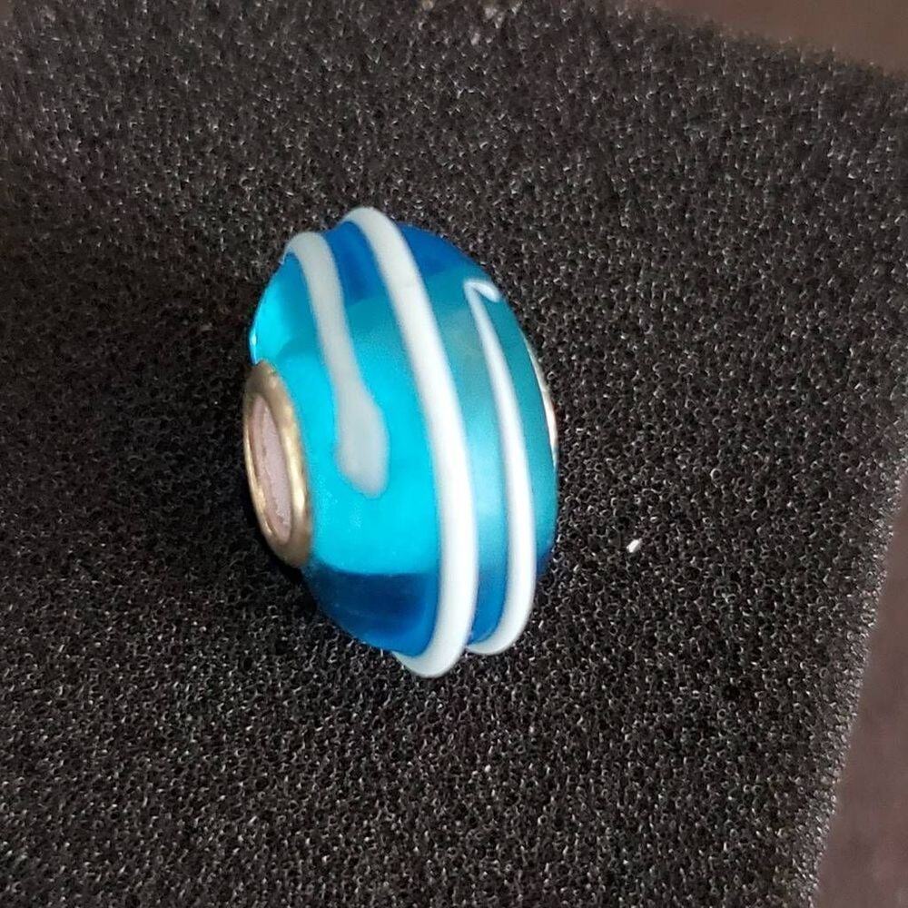 IBB Blue &‎ White Swirl Murano Glass Charm Bead Sterling Silver Core